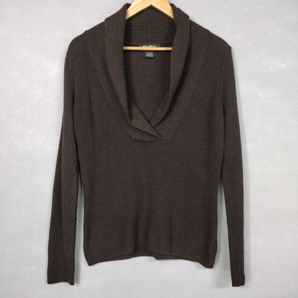 Eddie Bauer Cotton/Angora Knit Sweater Women’s Small V-neck Shawl Pullover Brown